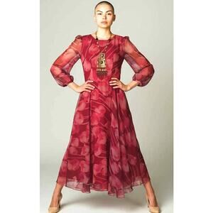 Vintage 1970s Floral Chiffon Maxi Dress Sheer Sleeves Boho Gown  No Label Size M